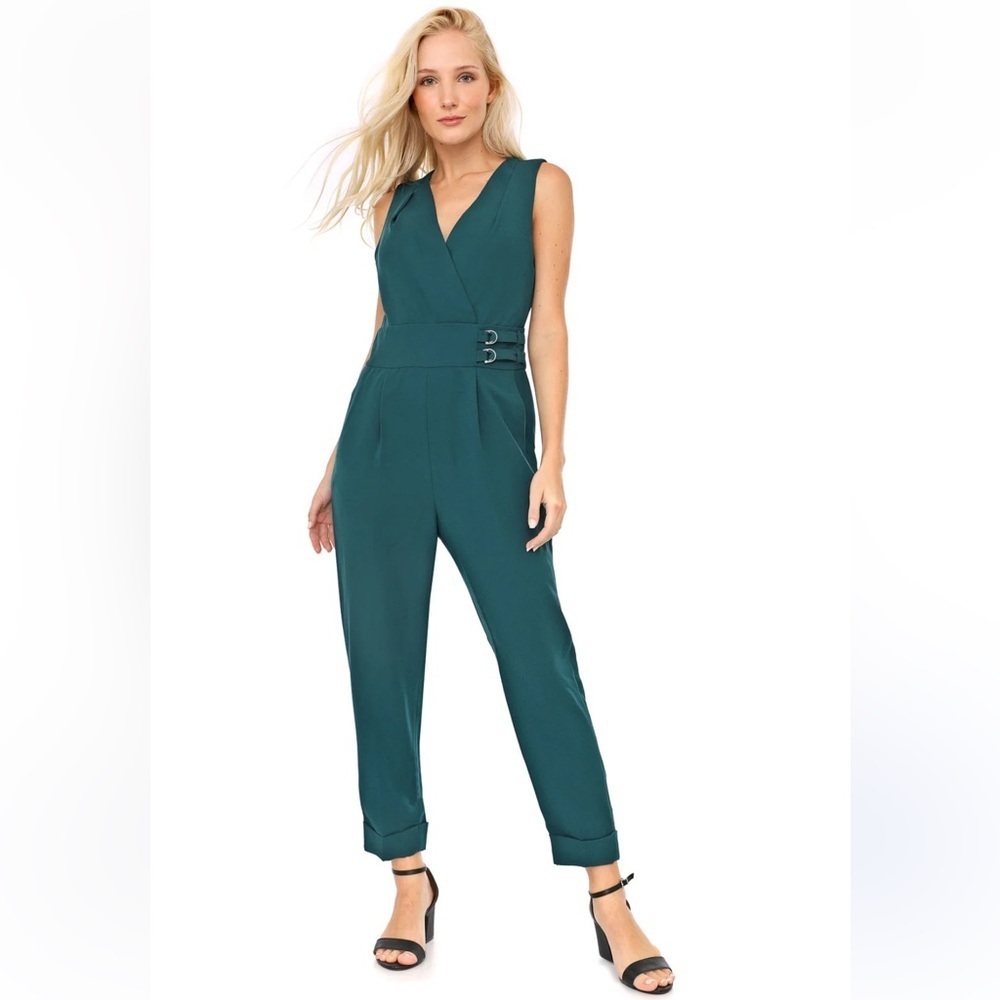 Banana Republic sleeveless, V-neck, tapered-leg jumpsuit in a dark teal or green
